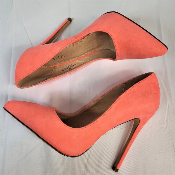 Liliana Neon Coral Faux Suede Single Sole Pointy Toe Pump 5" Heel Shoe - Picture 9 of 9